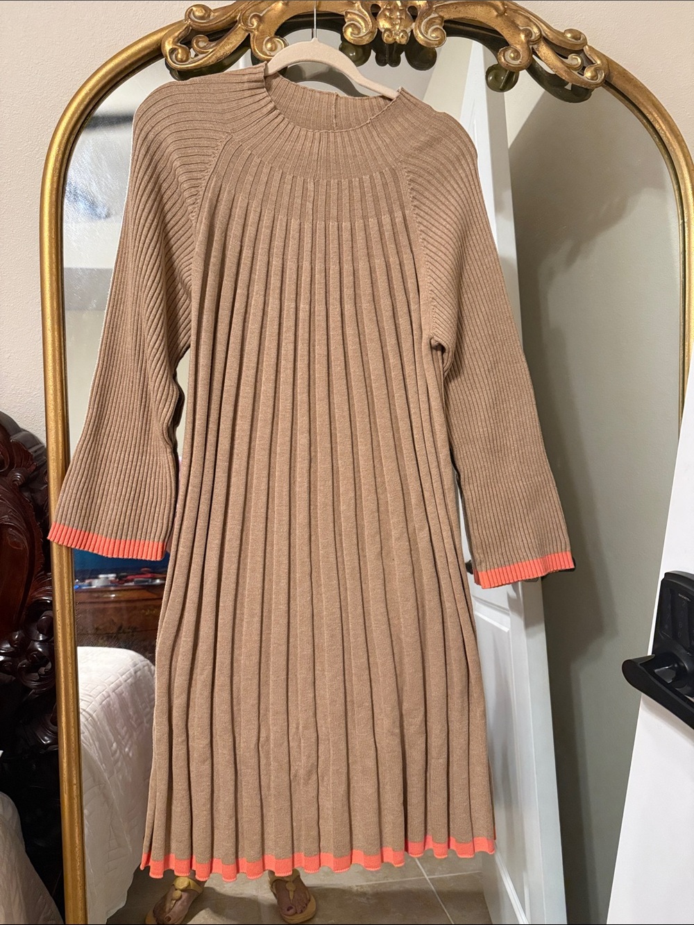 Roaman's Tan Pleated Knit Dress with Coral Trim